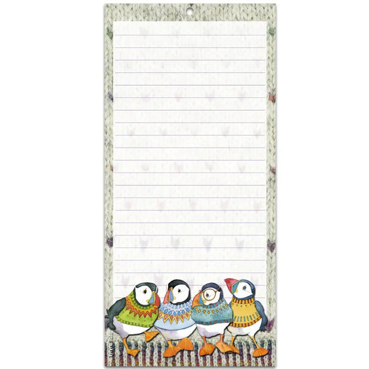 A long, lined shopping pad featuring artwork of puffins in woolly jumpers at the bottom