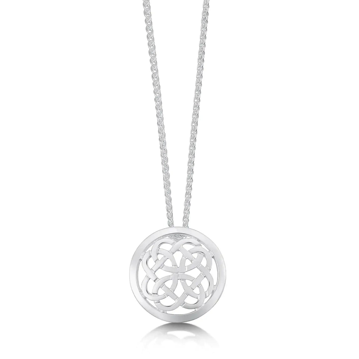 Silver round pendant with detailed celtic knot centre on silver chain