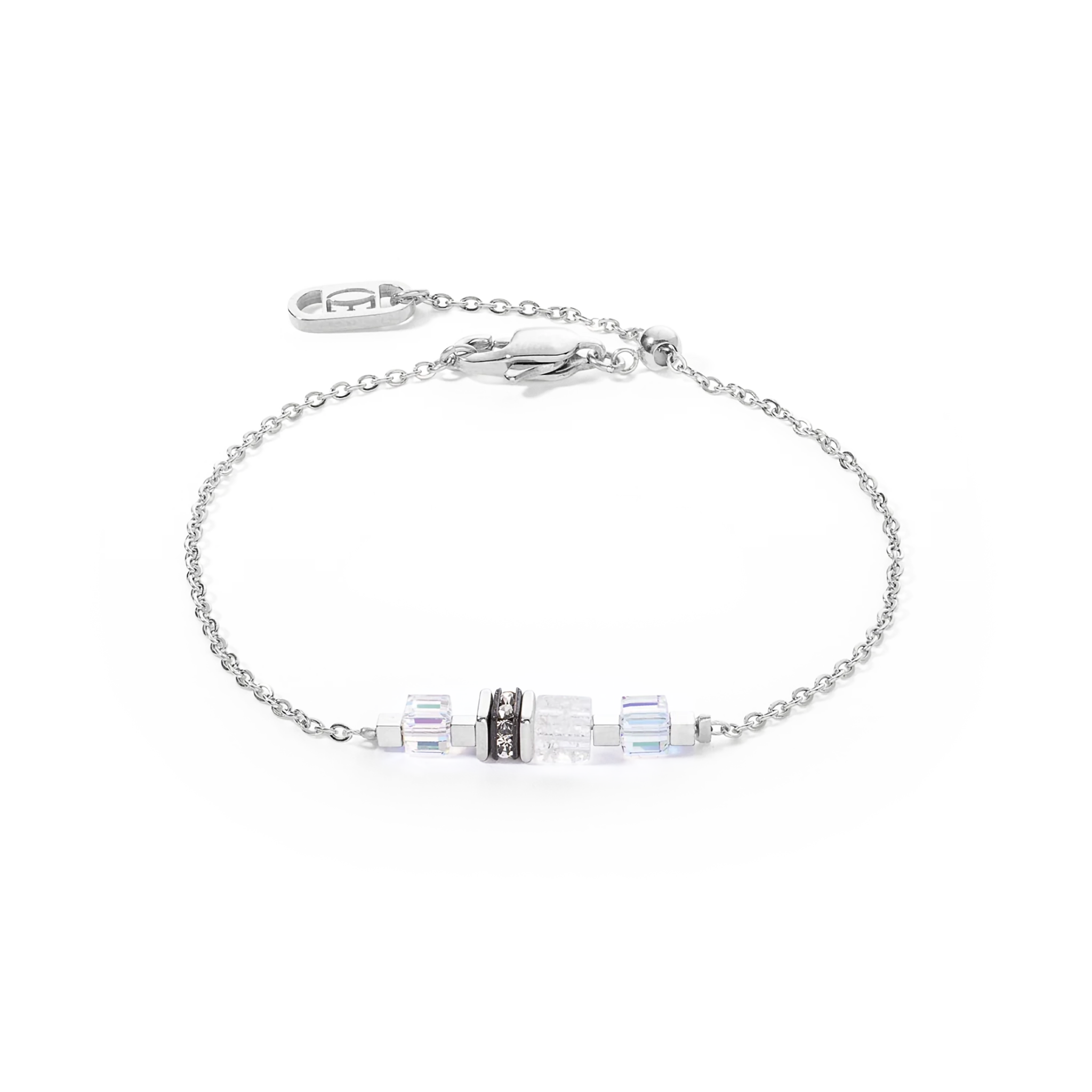 A silver chain bracelet with white cube shaped stones