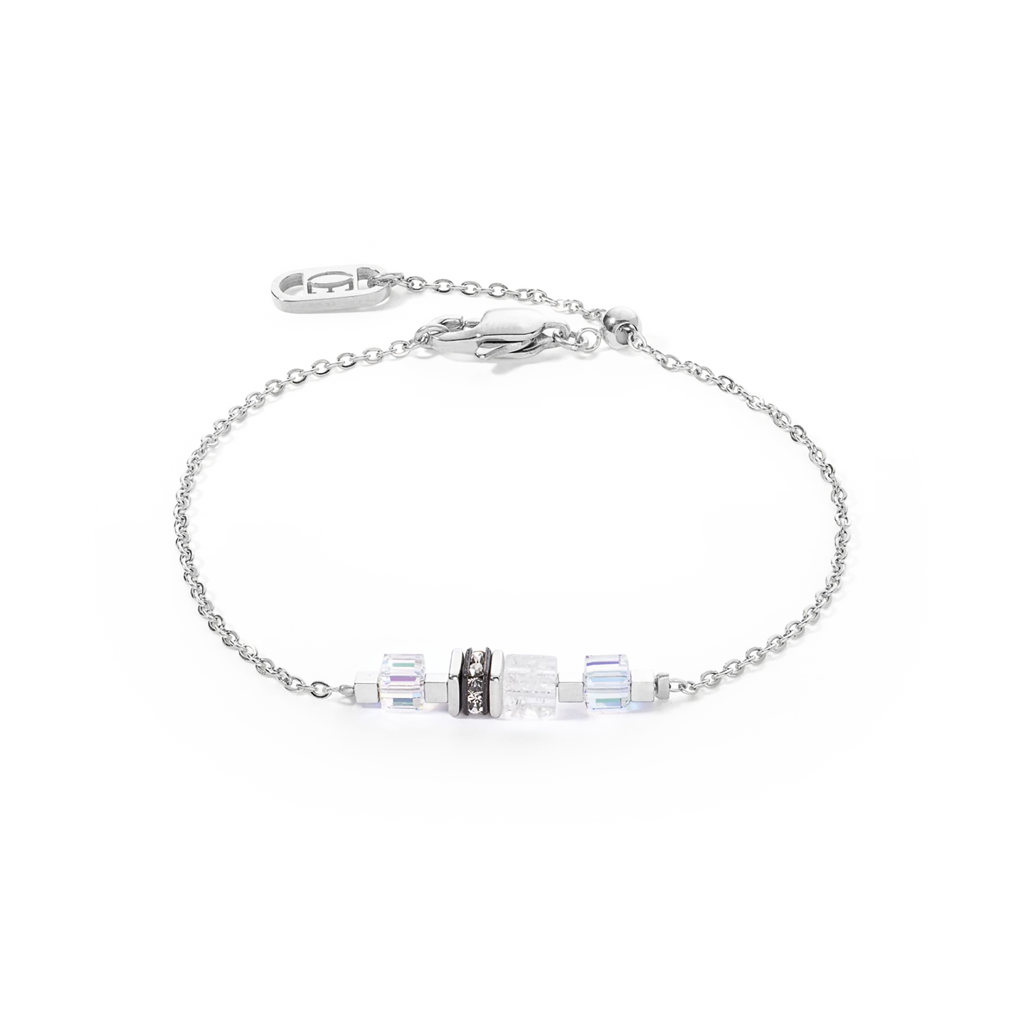 A silver chain bracelet with white cube shaped stones