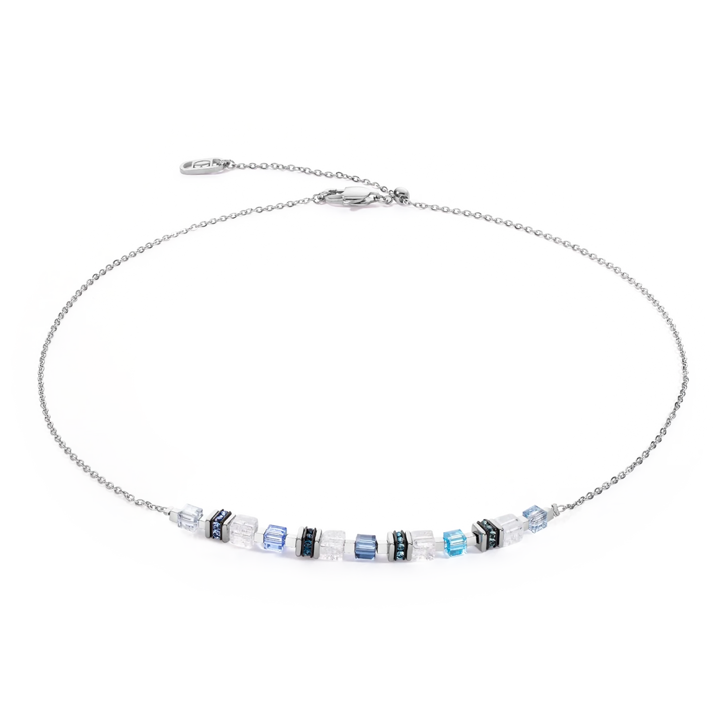 A silver chain necklace with blue cube shaped stones