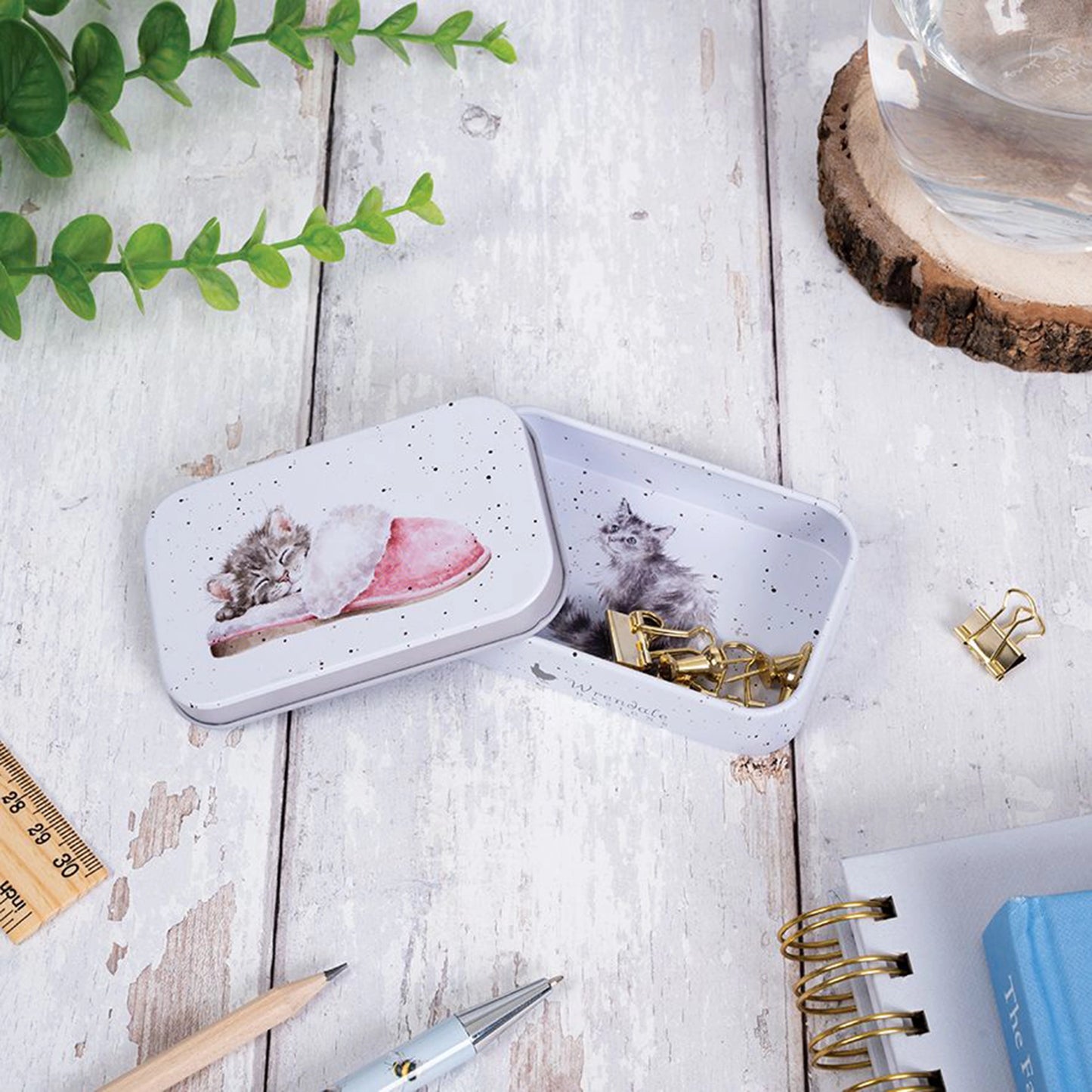 Mini tin fully illustrated with artwork of cats by Hannah Dale lifestyle