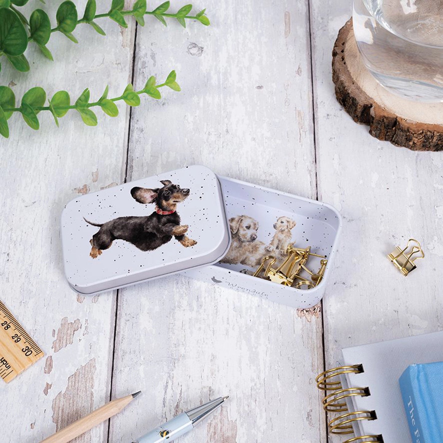 Mini tin fully illustrated with artwork of dogs by Hannah Dale lifestyle