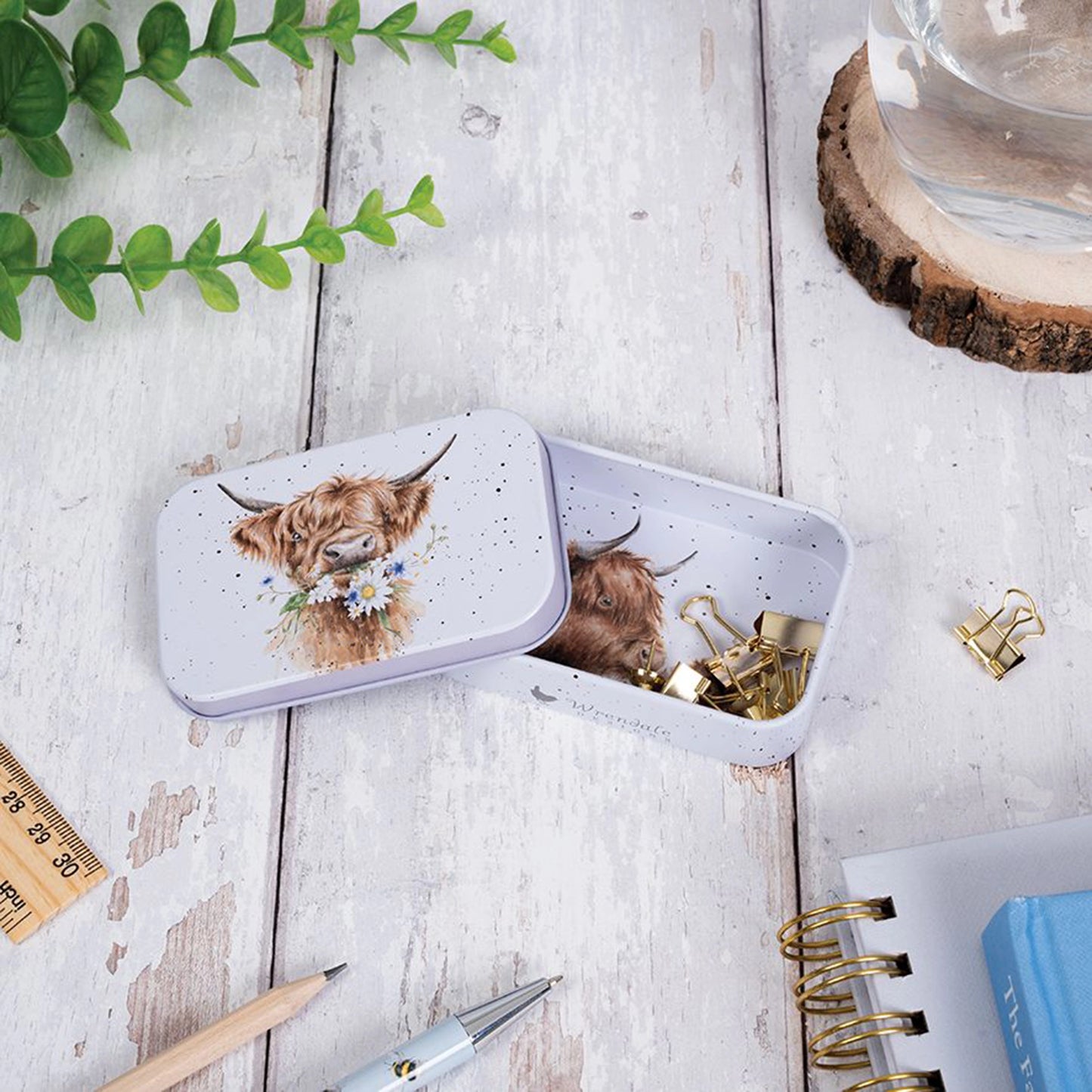 Mini tin fully illustrated with artwork of Highland cows by Hannah Dale lifestyle