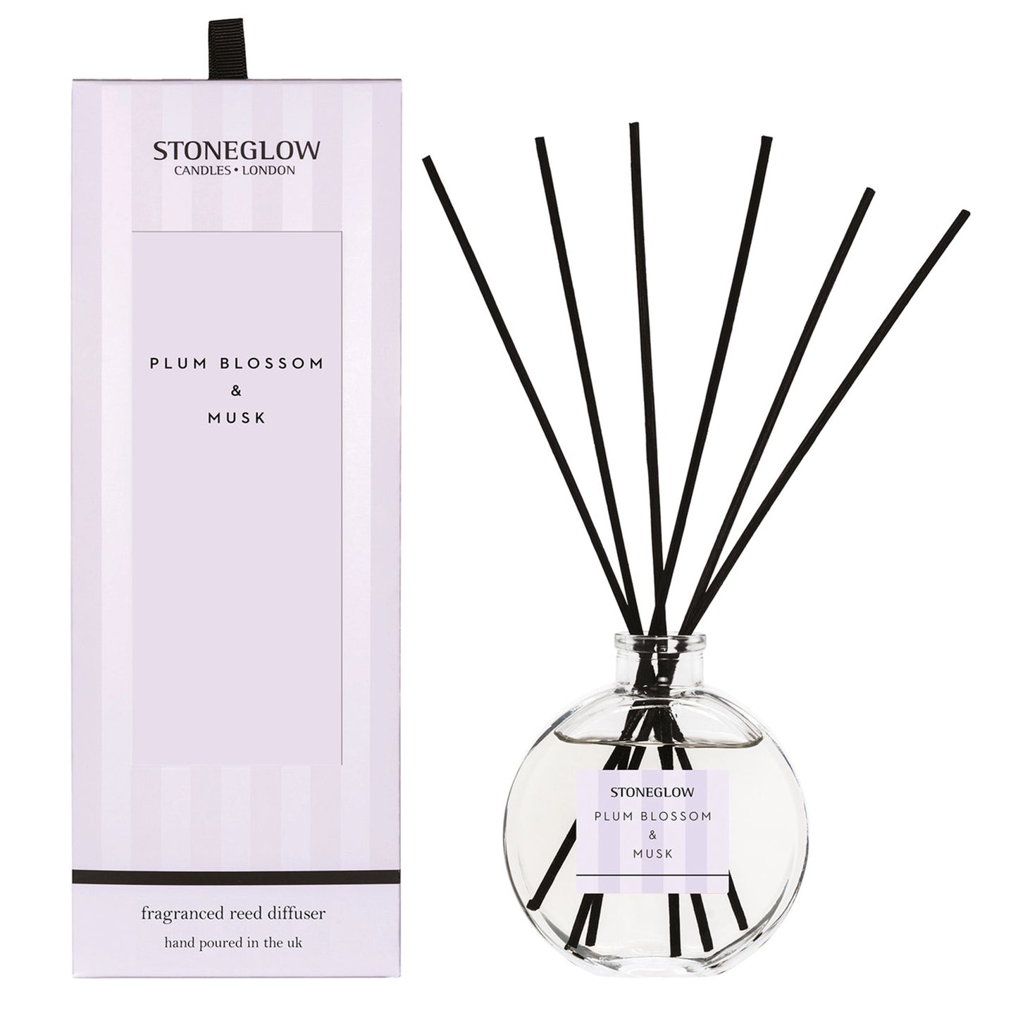 Stoneglow Plum Blossom & Musk scented reed diffuser with purple striped packaging