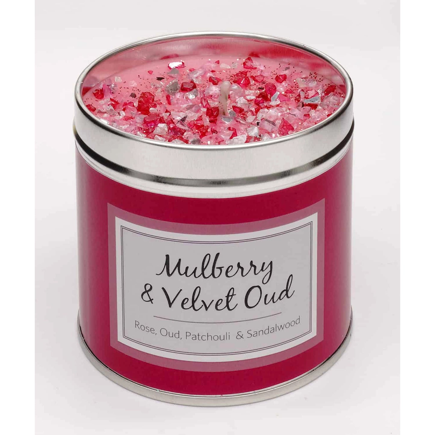 Mulberry & Velvet Oud scented candle tin with glittery red decorated top