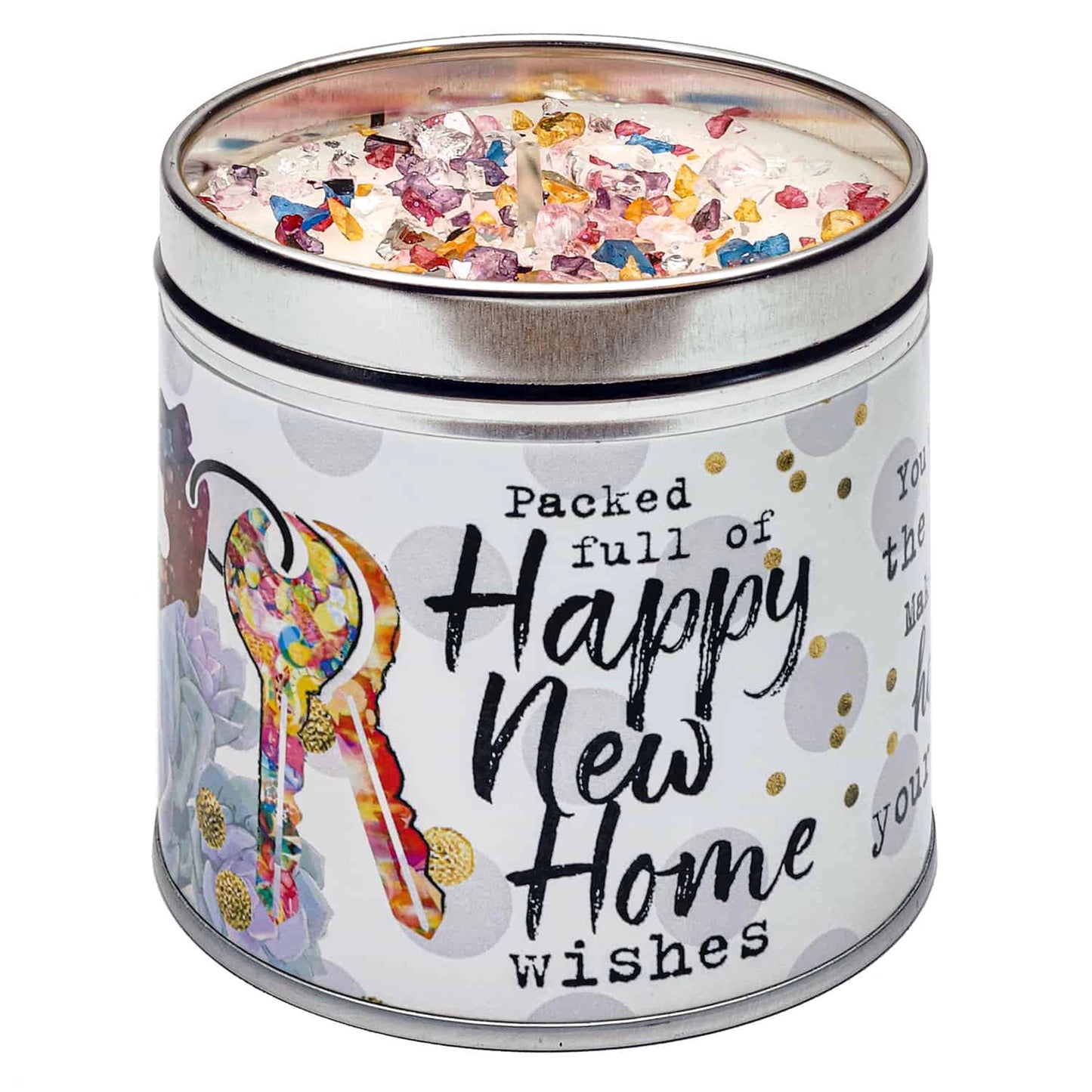 Tinned 'Happy New Home' candle with colourful detailed wax topping