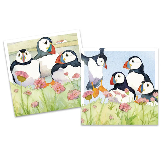 Notecards with watercolour illustrations of Puffins in flowers