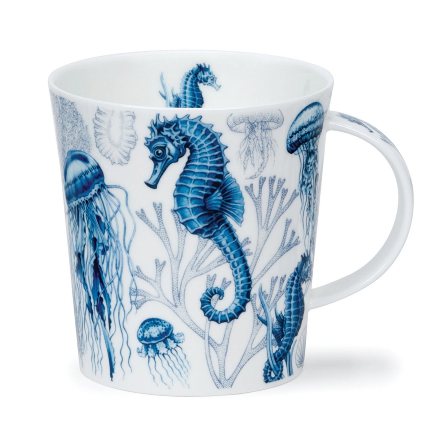 Blue and white mug with Sea creature design and a seahorse on the inner rim and handle