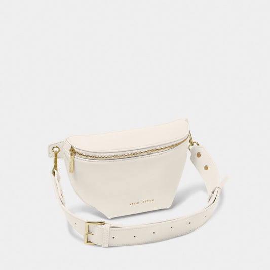 A belt bag in faux leather and off-white with gold hardware