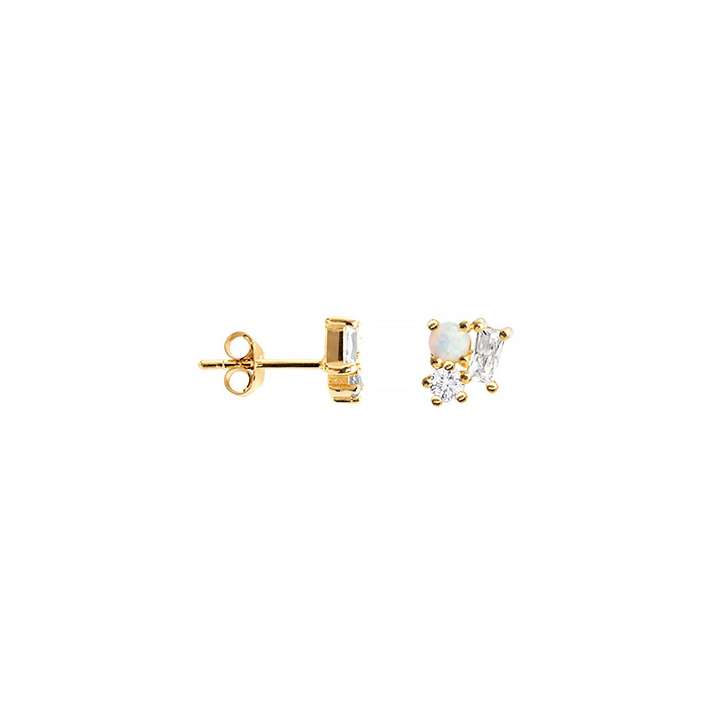 Pair of gold stud earrings featuring a cluster of different shaped CZ stones and a white opal stone