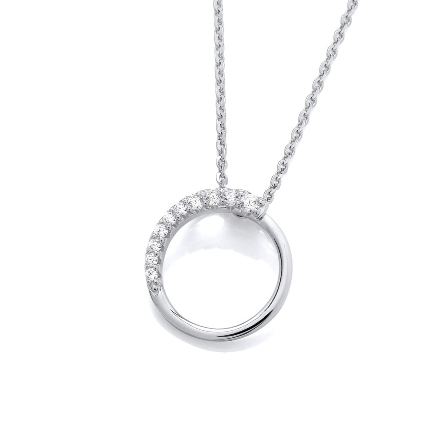 Silver open circle pendant with CZ stones along the top
