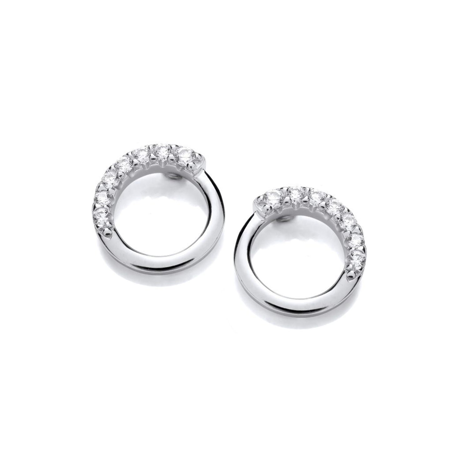 Pair of open circle silver stud earrings with a row of CZ stones along the top half