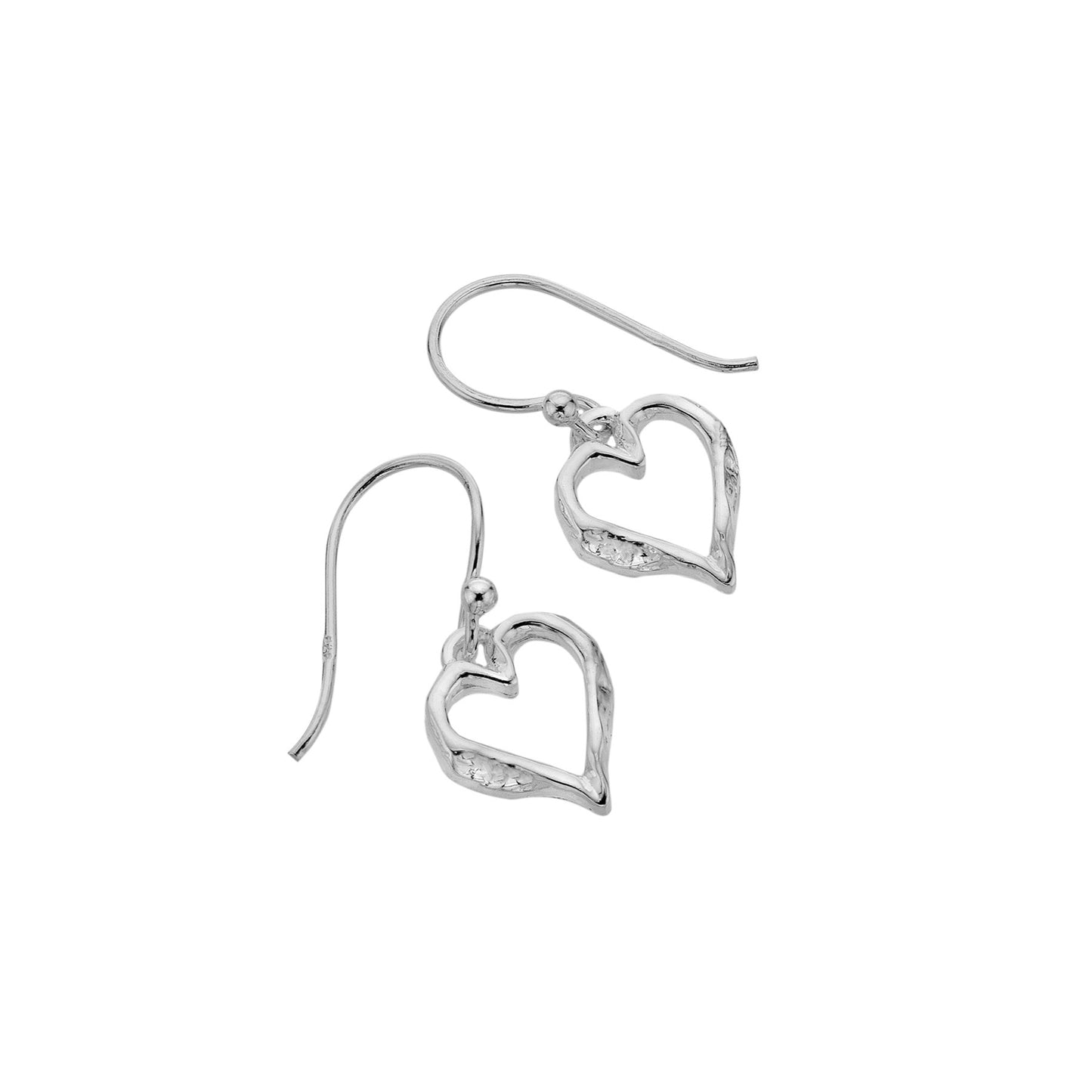 Open heart drop earrings in organic textured silver