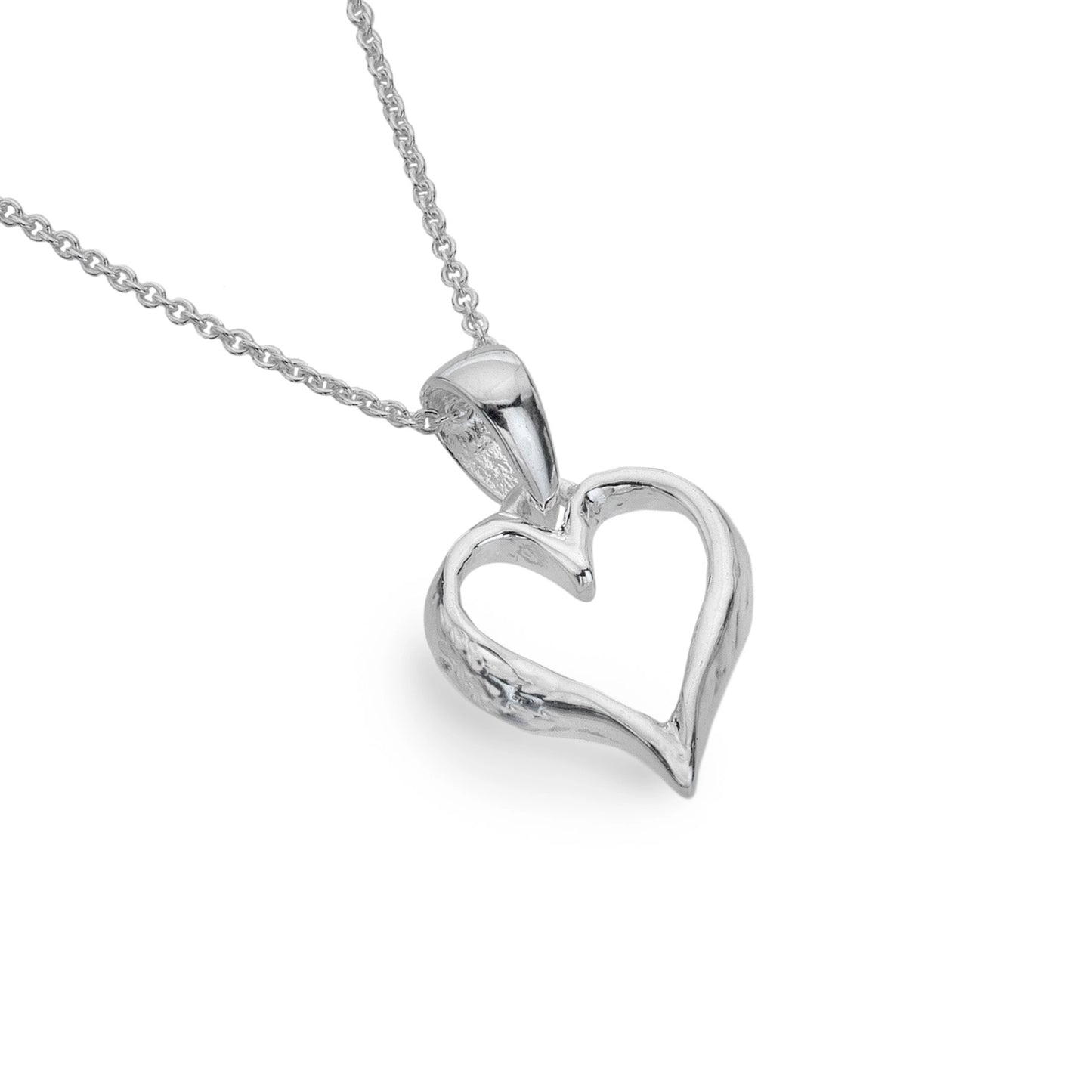 Open heart pendant in organic textured silver