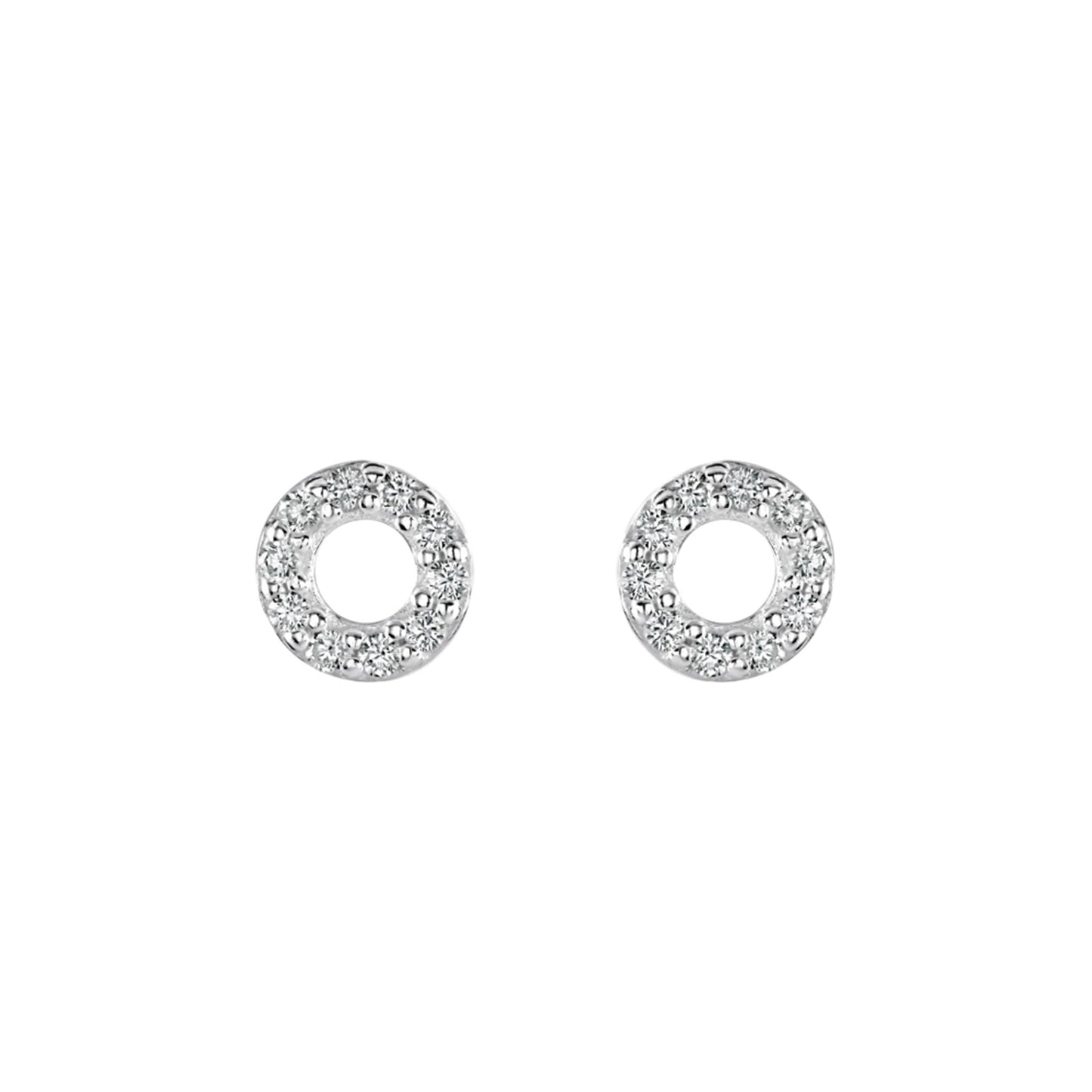 A pair of silver open circle stud earrings set with CZ stones