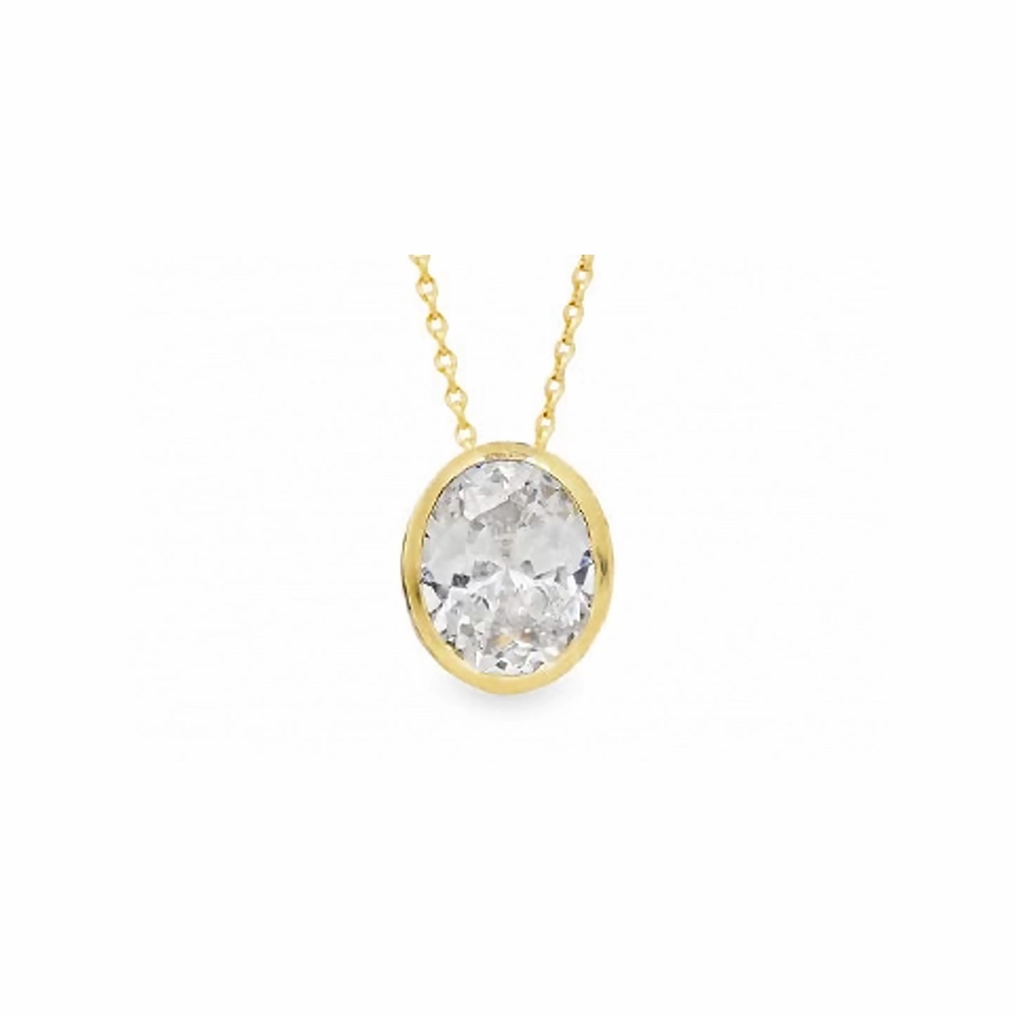 Gold pendant in an oval shape with a faceted CZ stone in the centre on a gold chain