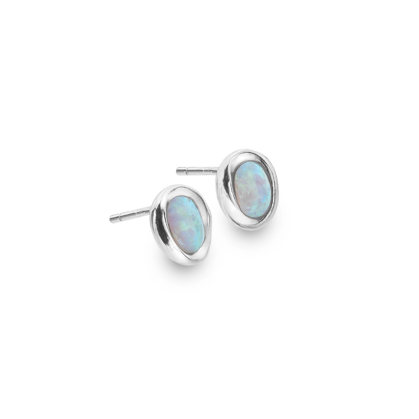 A pair of oval stud earrings with white synthetic opal stones