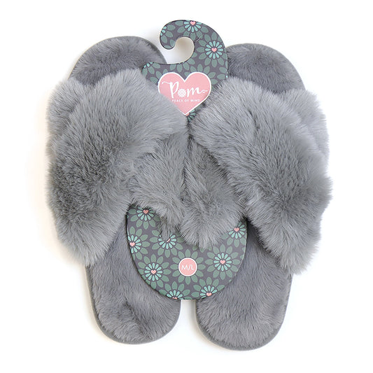 Pair of fluffy light grey coloured slippers with a cross strap design showing size Medium/Large