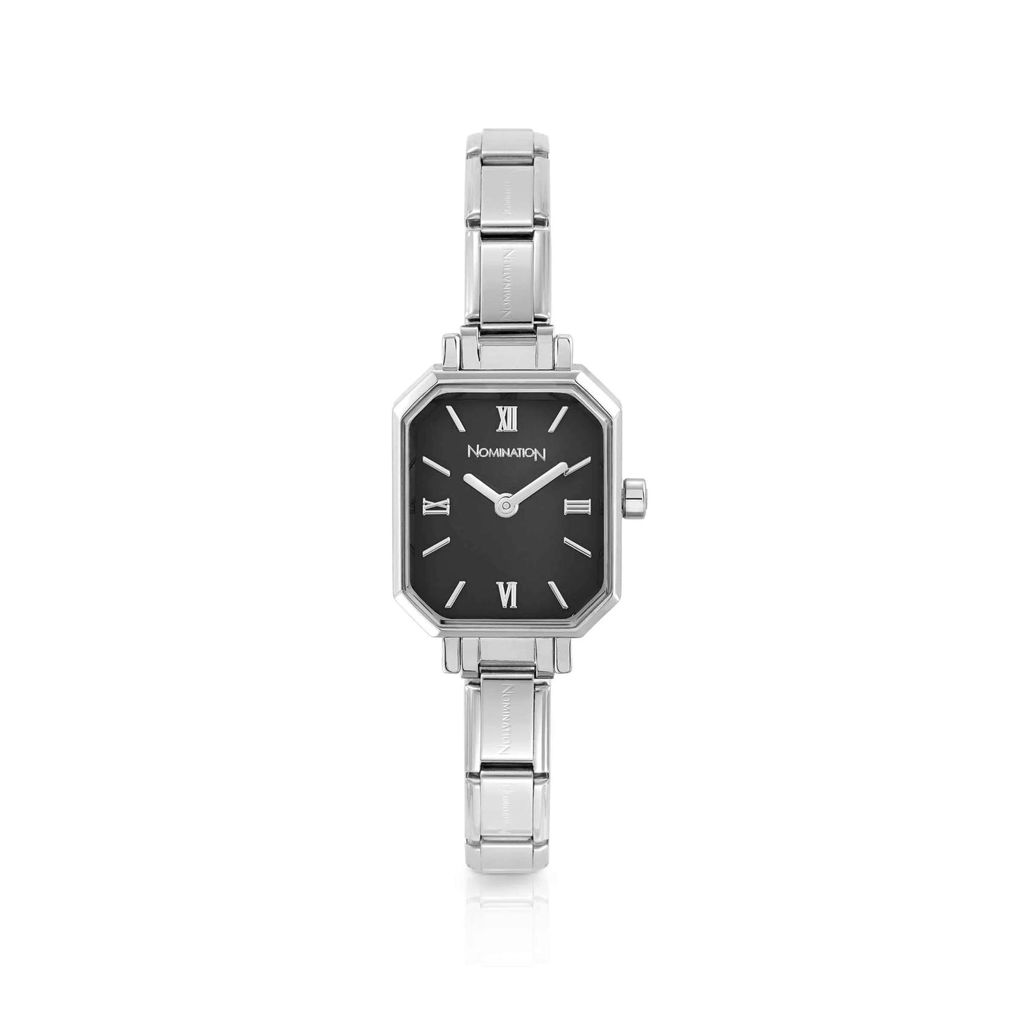 Black rectangle dial steel watch with composable strap