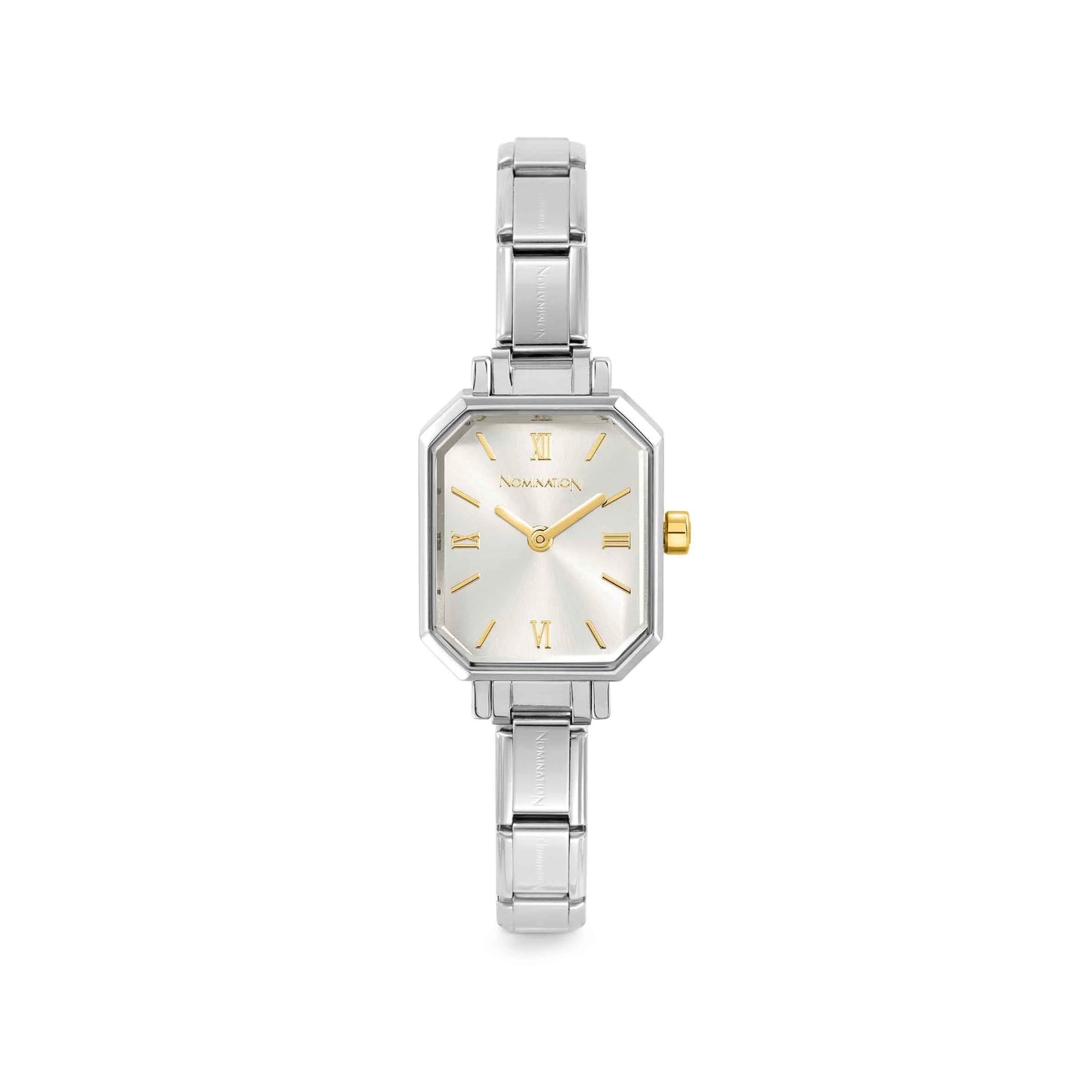 stainless steel watch with silver dial and contrasting gold hands, numerals and crown