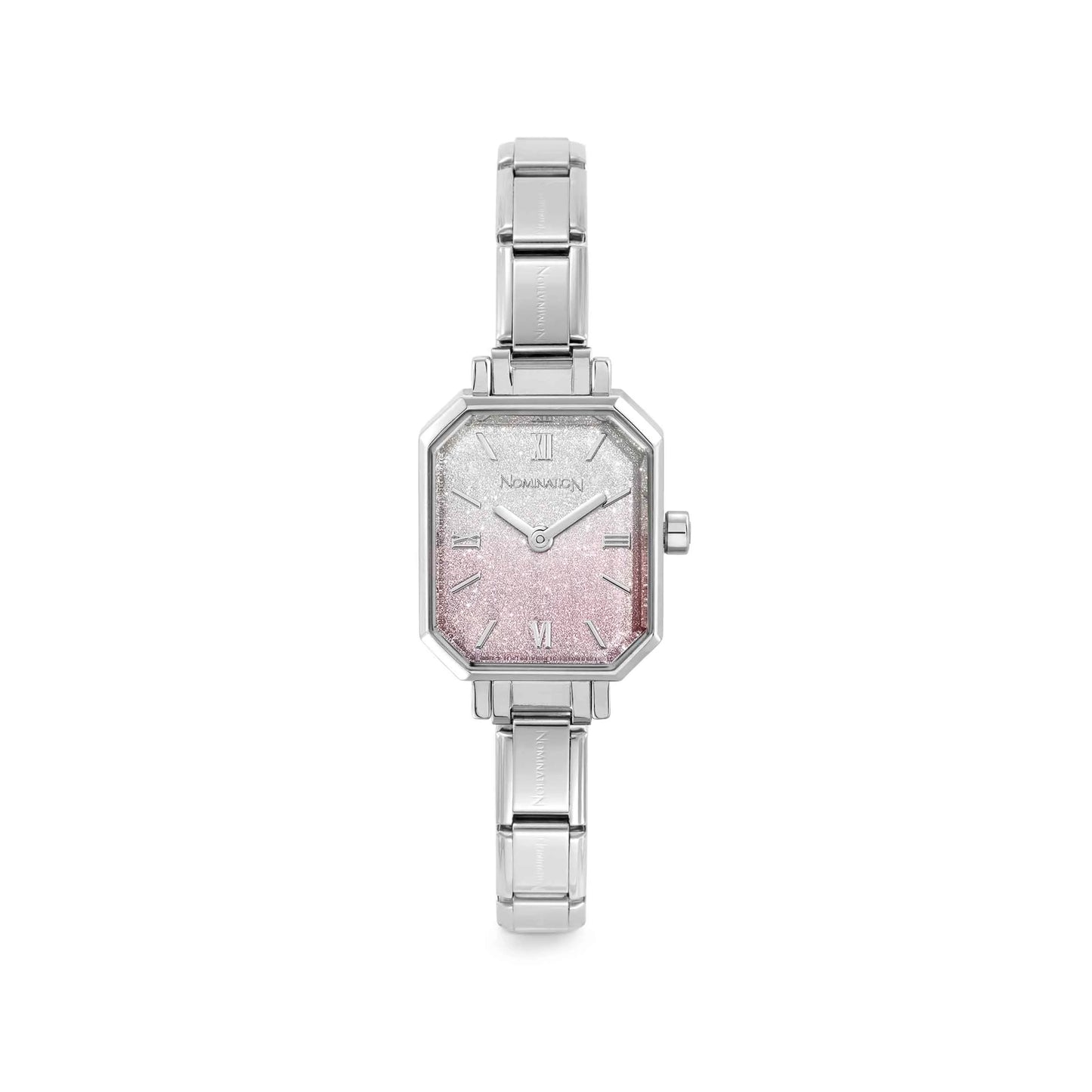 Stainless steel watch with Nomination Italy composable link strap and pink and silver ombre glitter dial