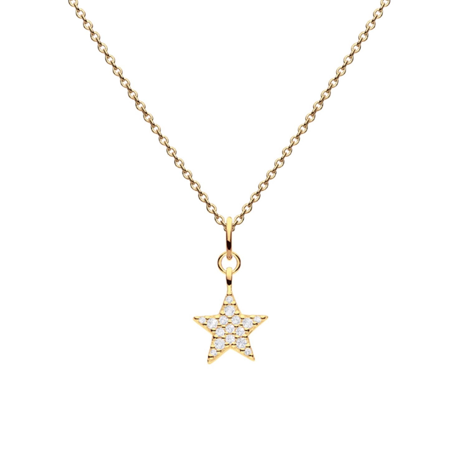 A gold pendant shaped like a star with pavé CZ stones and a gold chain