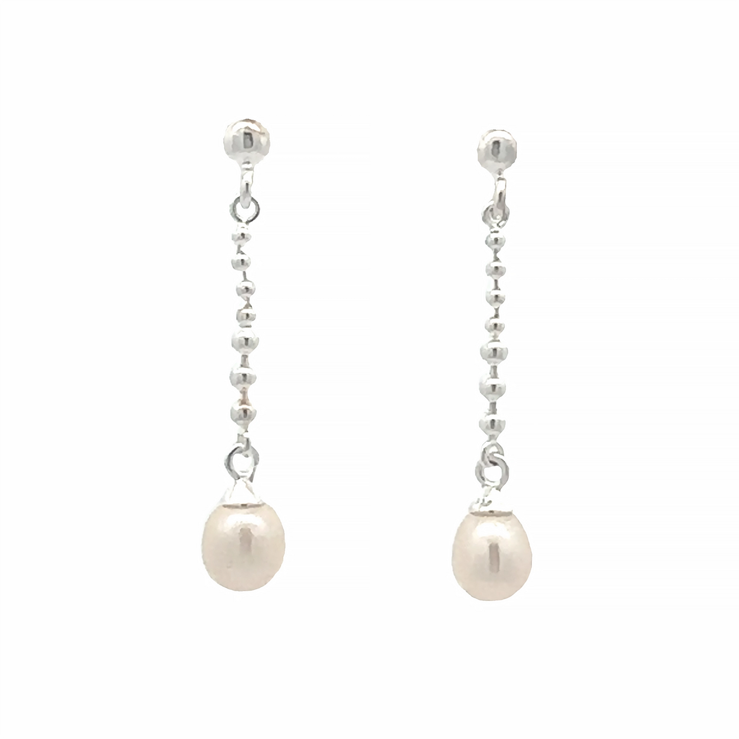 Pair of long silver drop earrings with popcorn chains and pair shaped white pearls