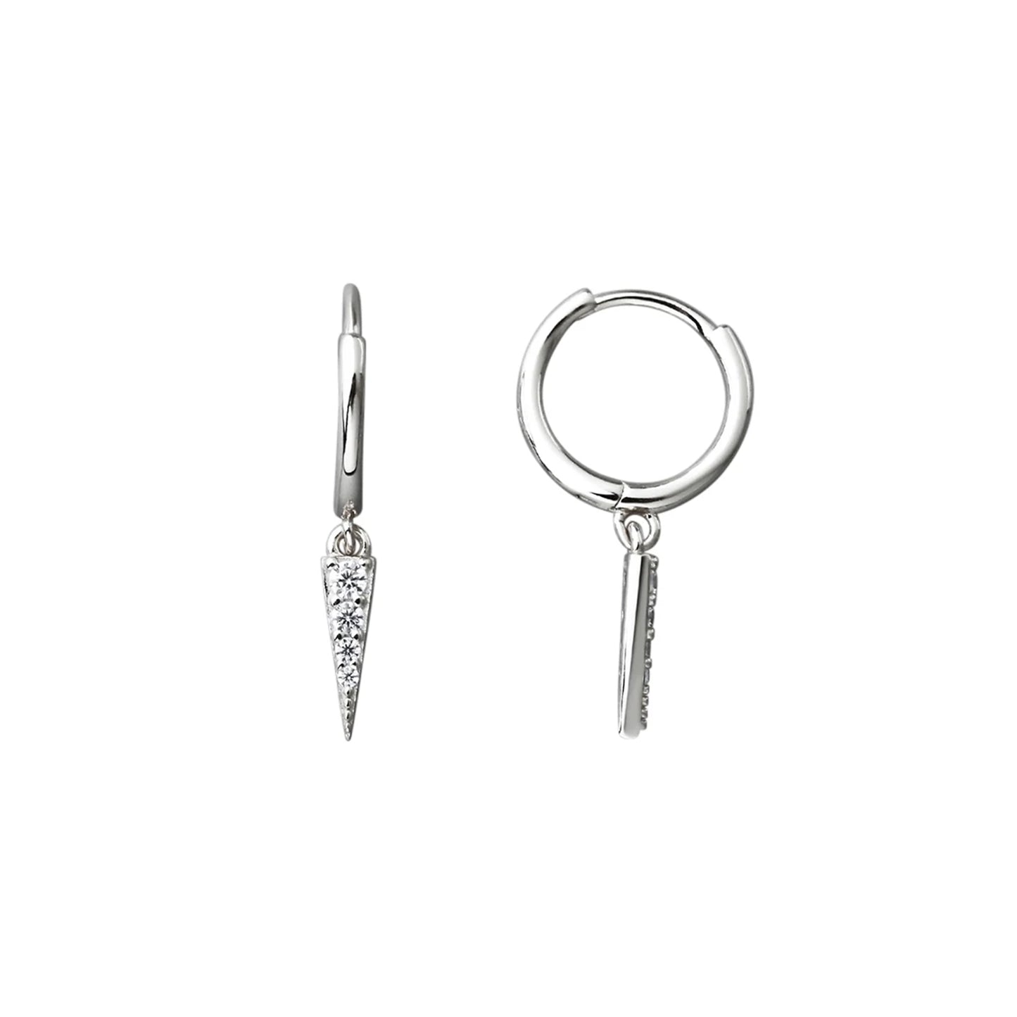 Silver huggie hoop earrings with dangling pennant triangles set with CZ stones