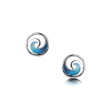 Polished silver round stud earrings with ocean wave design in blue enamel