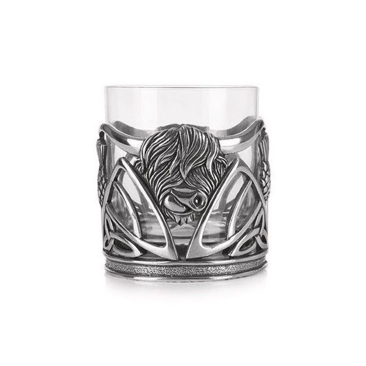 Glass whisky tumbler with pewter base featuring engraved pewter Highland cow and celtic knots