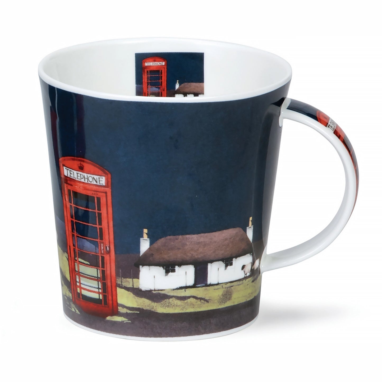Ceramic mug with illustration of a bothy and red phone box