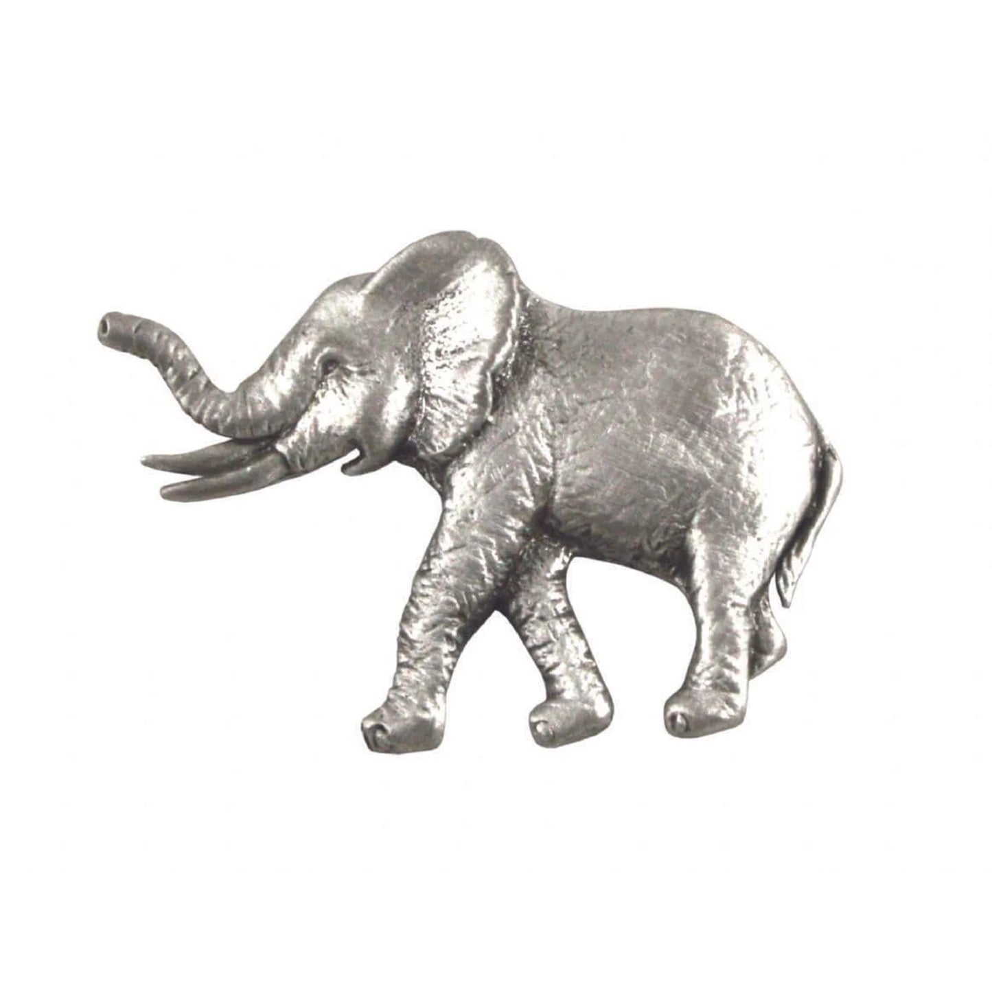 A pewter pin shaped like an elephant with fine details