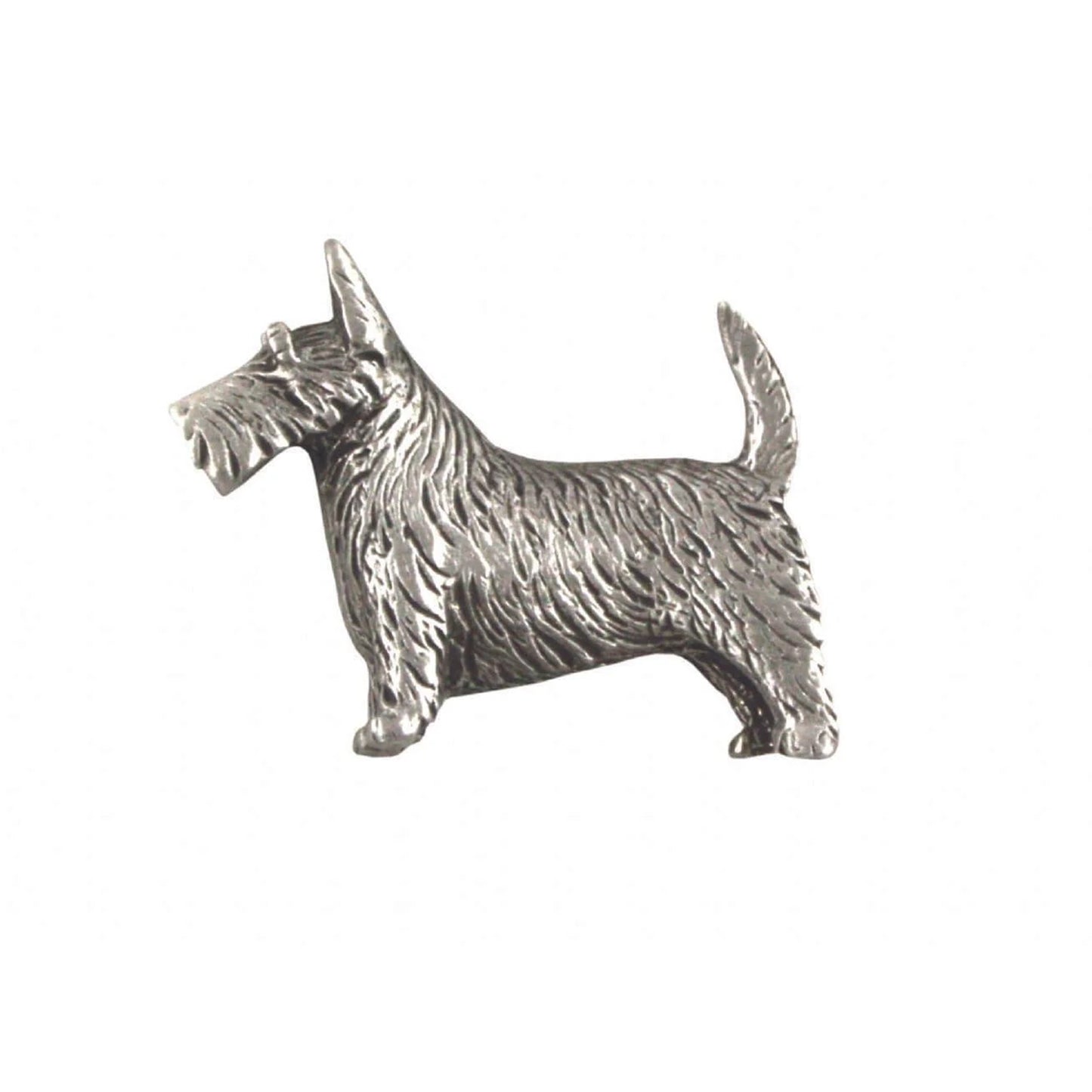 A pewter pin shaped like a Scottie dog with fine details
