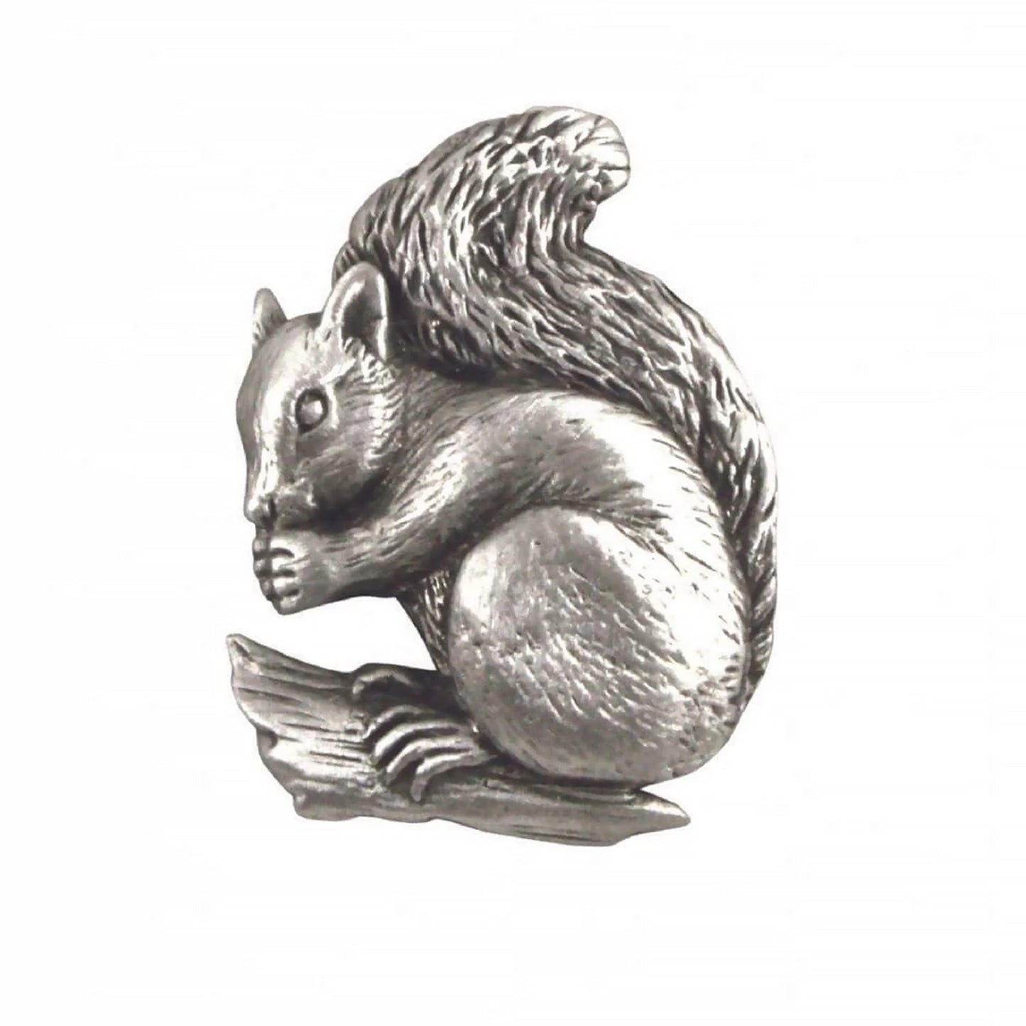 A pewter pin shaped like a squirrel with fine details