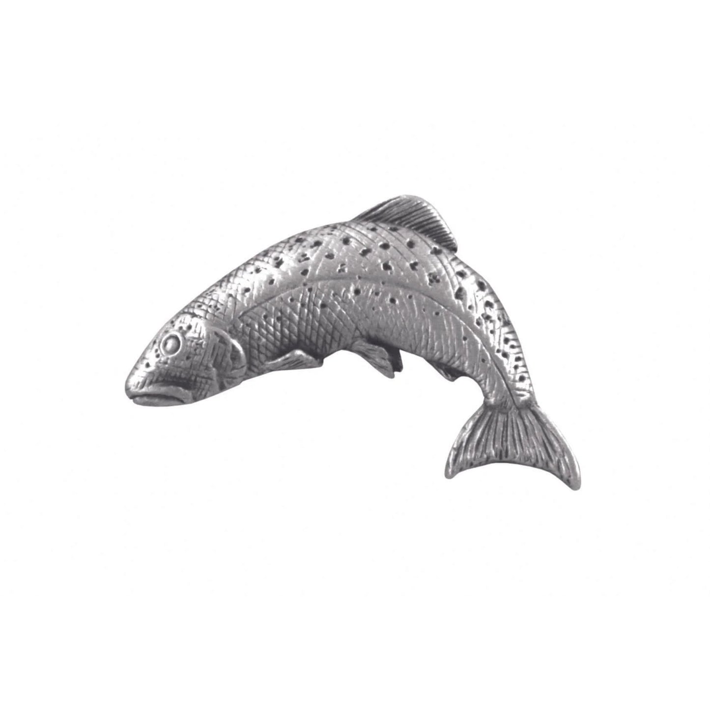 A pewter pin shaped like a trout fish with fine details