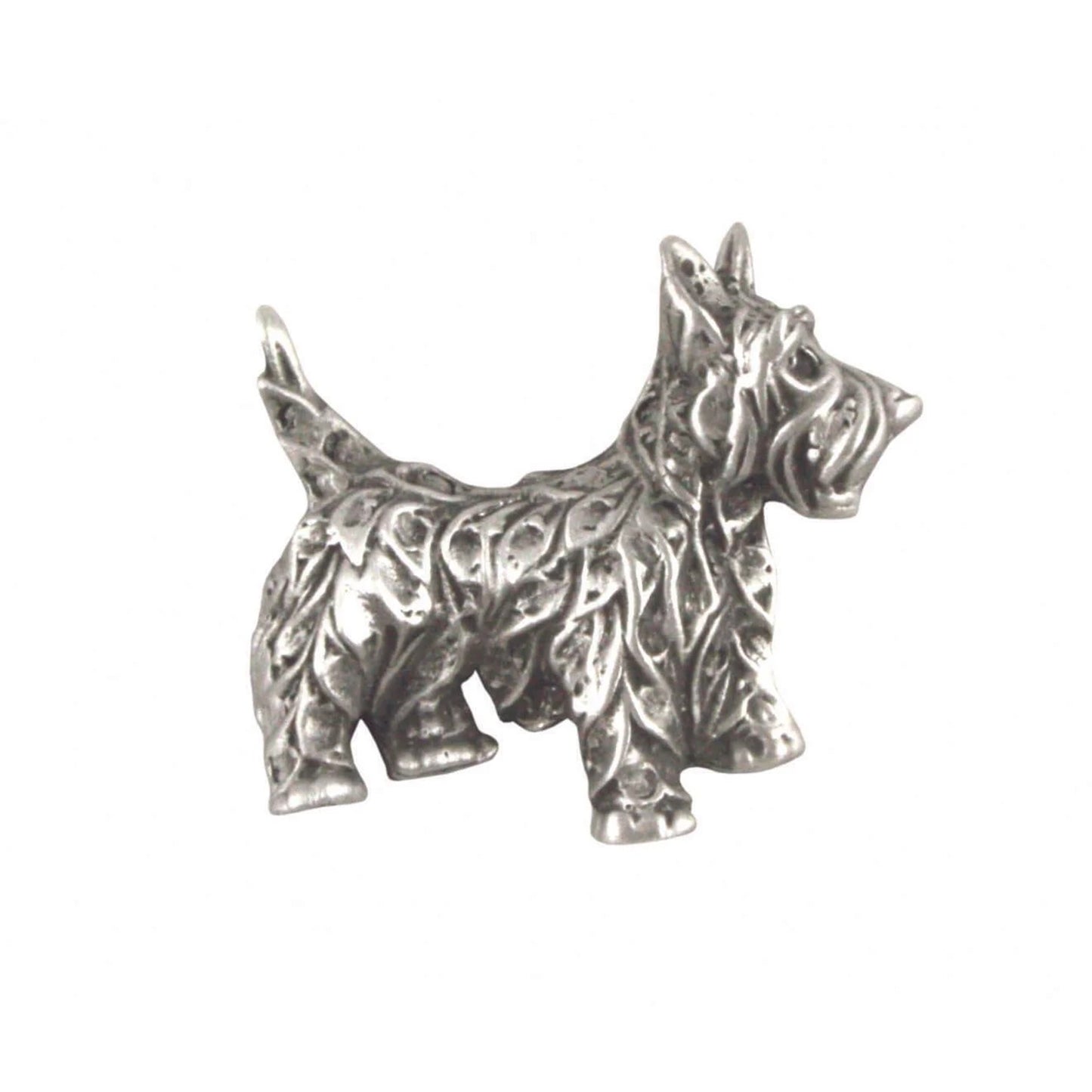 A pewter pin shaped like a dog with fine details