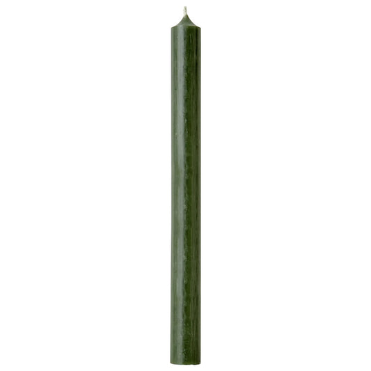 Tall thin dinner candle in a simple straight cylinder shape in a dark pine green colour