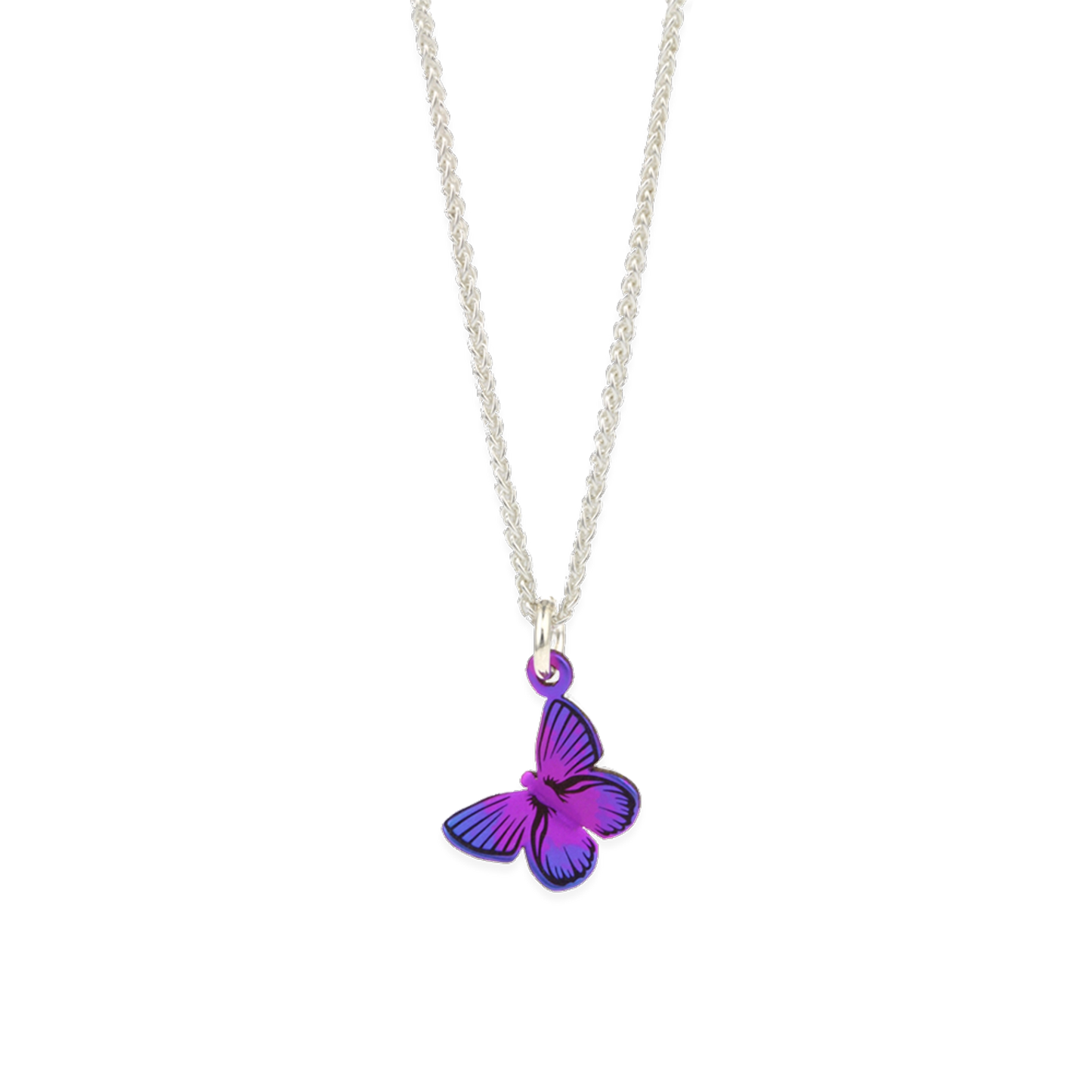 A pink butterfly pendant with black pattern details and purple wing tips on a silver chain