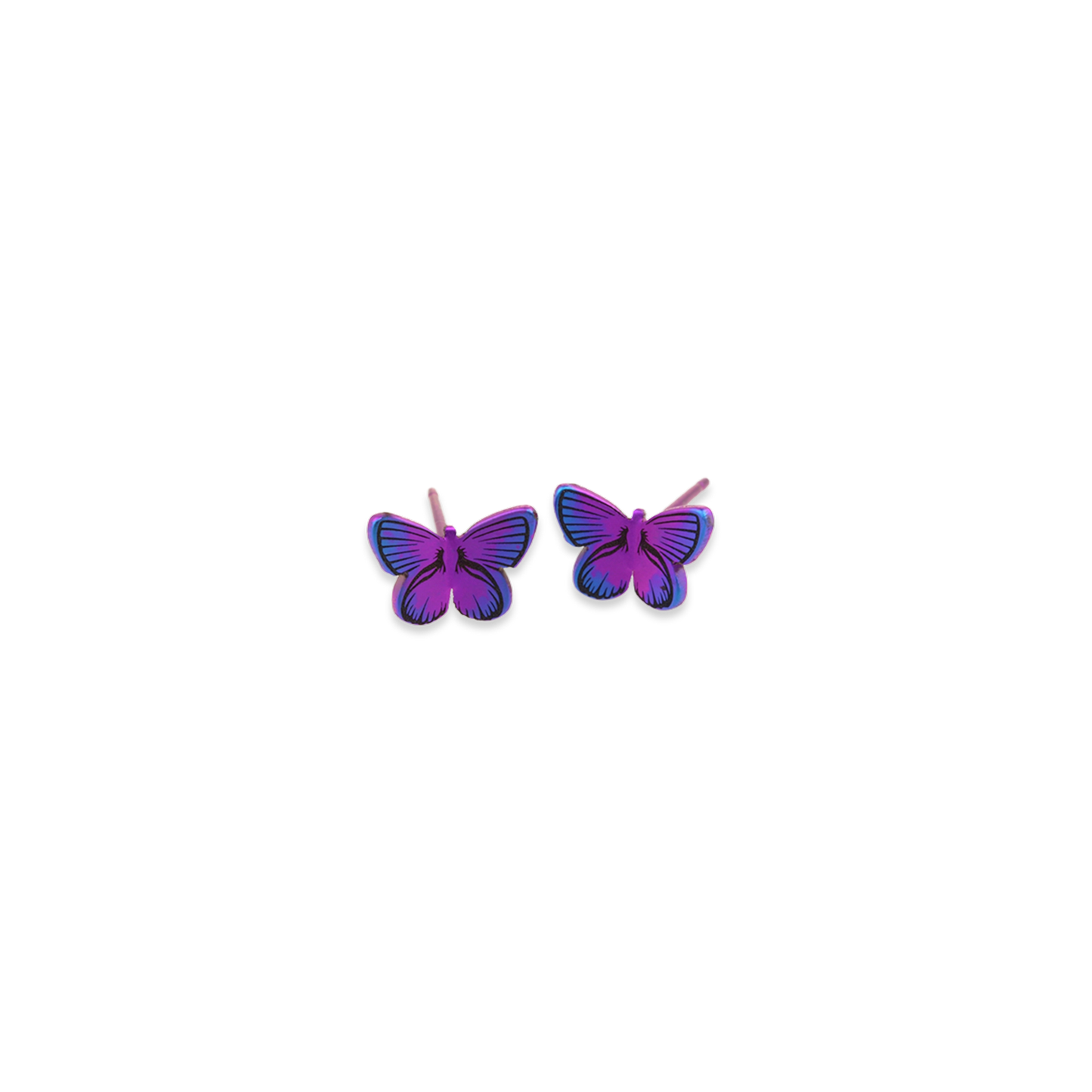 A pair of pink butterfly stud earrings with black patterns and purple wing tips