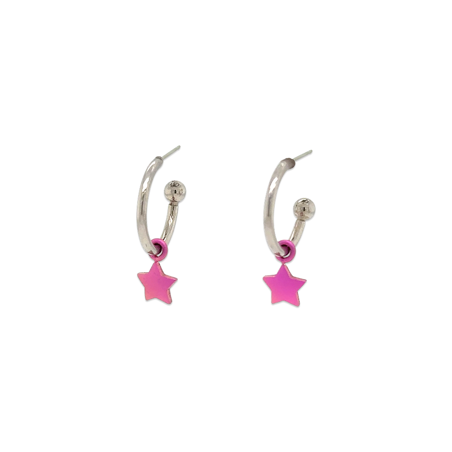A pair of titanium hoop earrings in a steel colour with bright pink star shaped drops