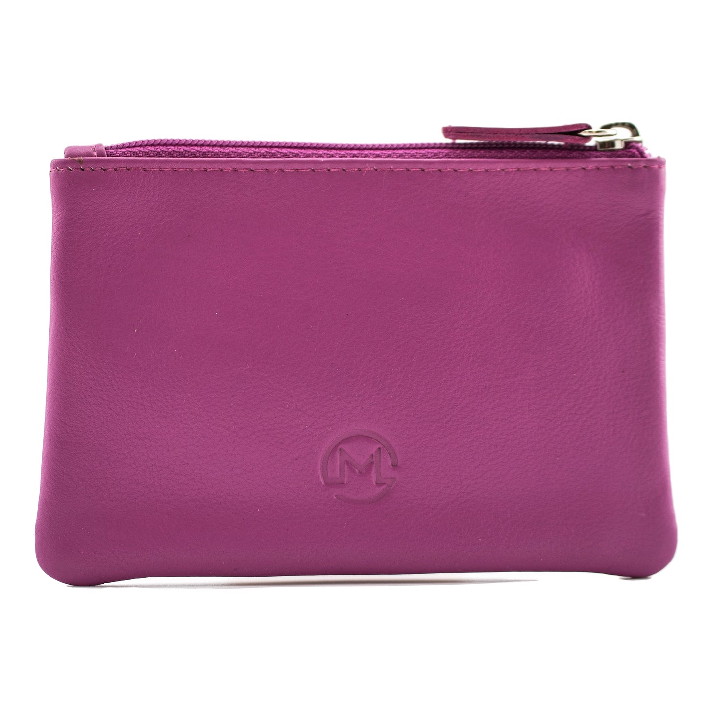 Pink leather coin purse with zip top and embossed Mala logo