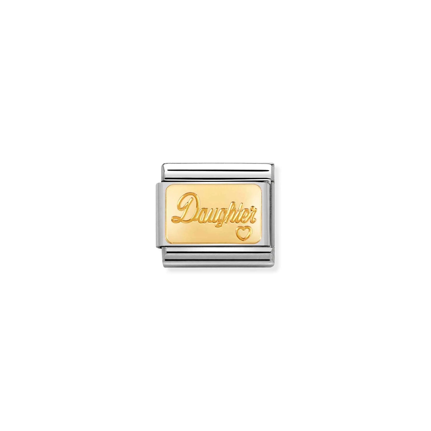 A Nomination charm link with plain gold plaque engraved with the word 'daughter' and a small heart