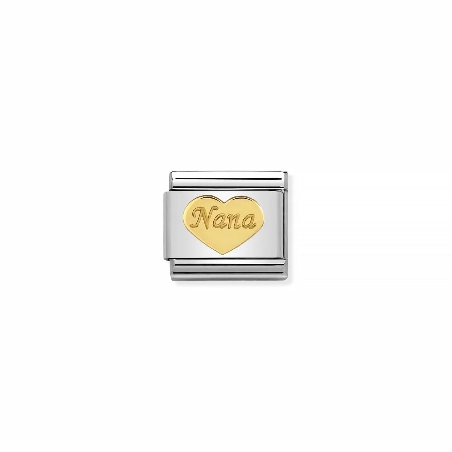 A Nomination charm featuring a plain gold heart engraved with 'Nana'