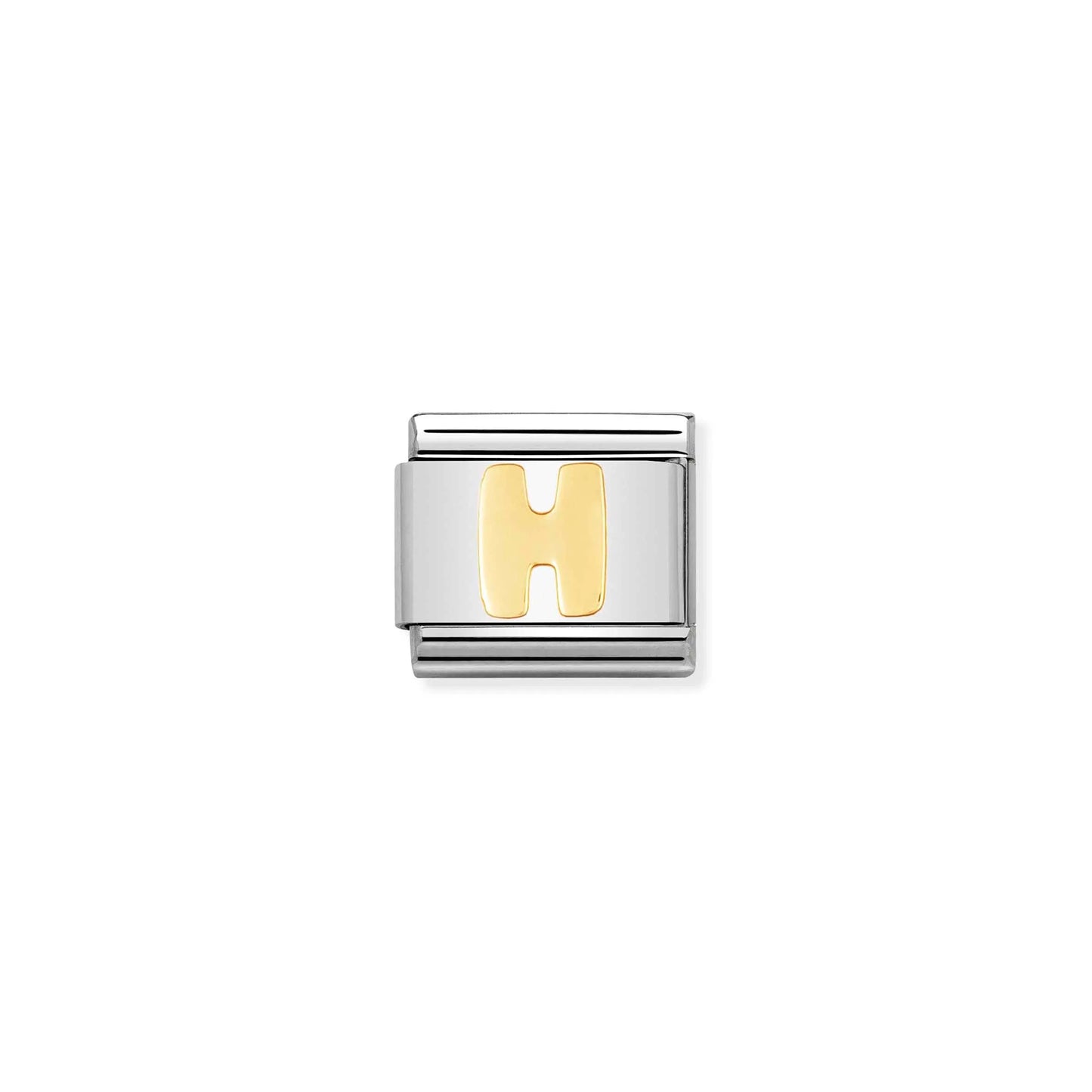 A Nomination charm link featuring a plain gold letter 'H'