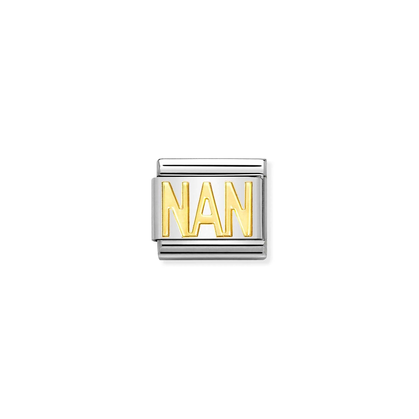 A Nomination charm link featuring the word 'NAN' in plain gold capital letters