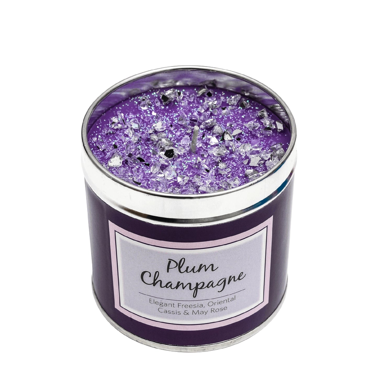 Plum Champagne scented candle tin with glittery purple decorated top