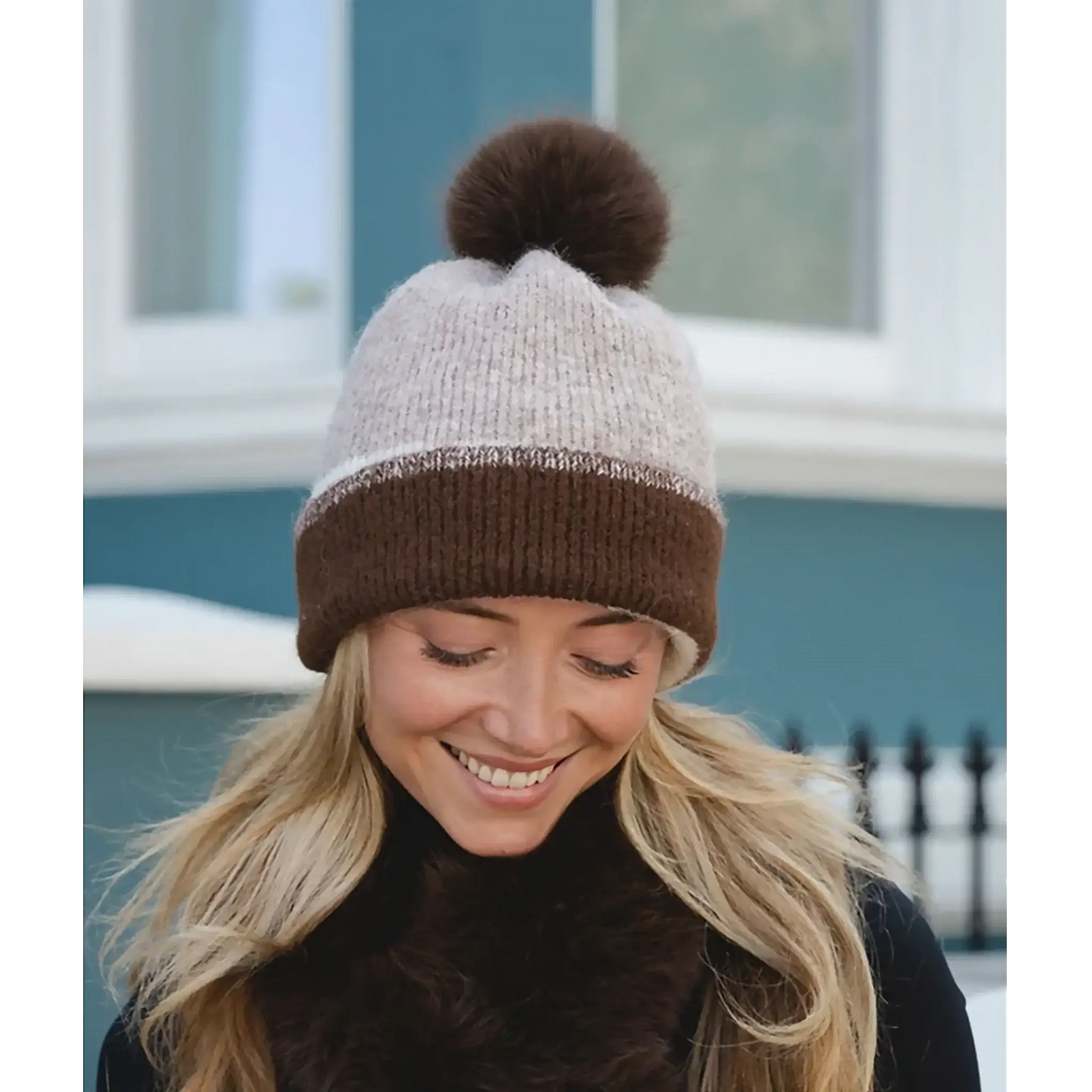 Two tone brown and beige bobble hat on model