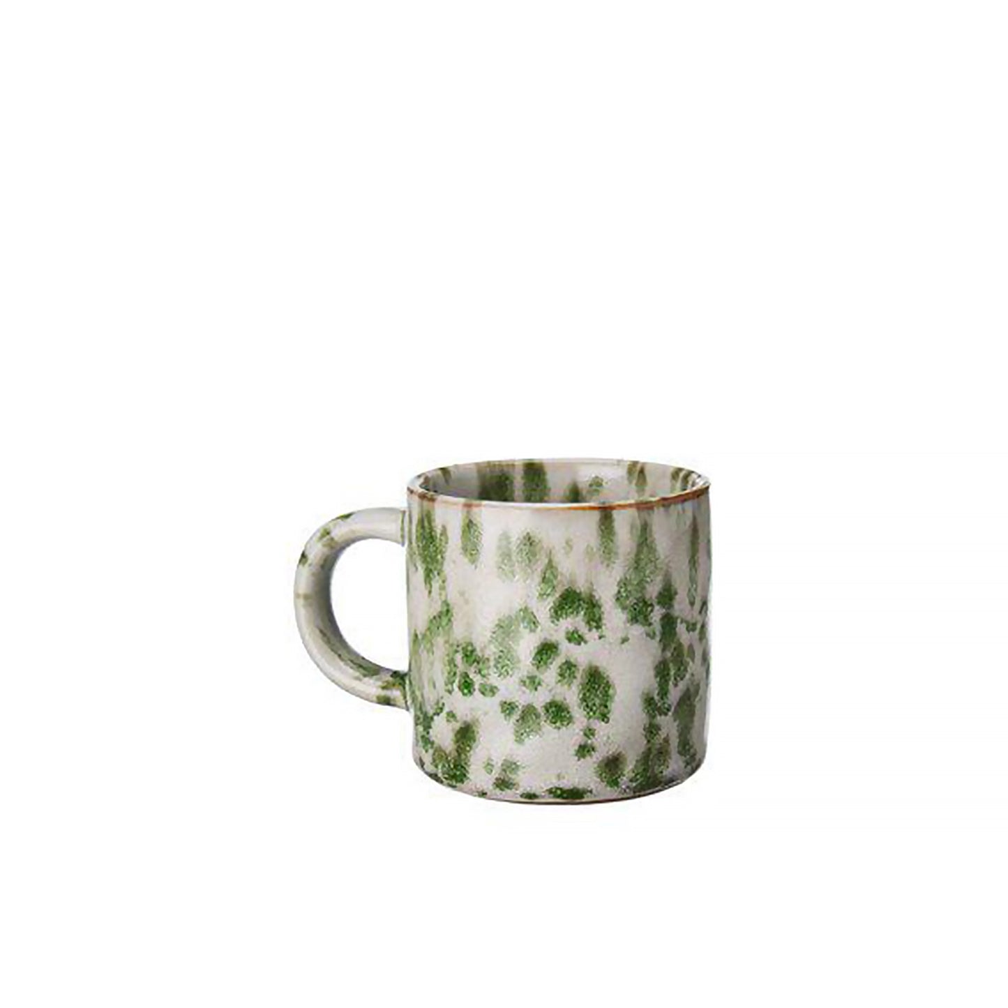 Off-white porcelain mug with green splatter pattern