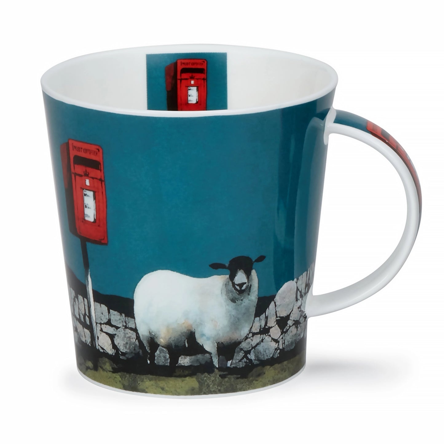 Ceramic mug with illustration of two sheep a red post box